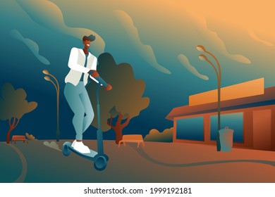 A stylish guy rides along a city street on an electric scooter against the background of a store. Abstract flat design. A man in fashionable clothes on a e-scooter.