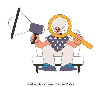 A stylish guy sits in a chair and holds a megaphone in his hand. Good for job search topics.