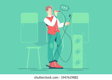 Stylish guy speaks into microphone vector illustration. Man host of festive celebrations and events flat style. Party, technology and job concept. Isolated on green background