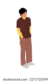 Stylish guy standing, wearing trendy outfit vector