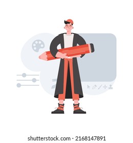 Stylish guy stands in full growth holds a large pencil. Design. Element for presentations, sites. Vector illustration