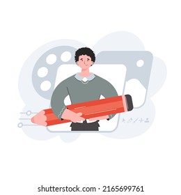 A stylish guy stands waist-deep holding a large pencil. Design. Element for presentations, sites. Vector illustration