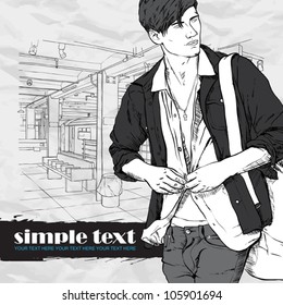 Stylish guy at  subway station.  Place for your text. Vector illustration