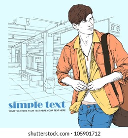 Stylish guy at  subway station.  Place for your text. Vector illustration