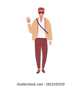 Stylish guy in sunglasses smiling waving hand vector flat illustration. Modern young businessman or student in trendy clothes isolated on white. Casual male standing in fashionable outfit