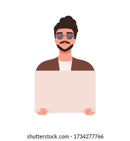 Stylish guy in trendy sunglasses carrying empty banner vector flat illustration. Colorful hipster bearded man posing with placard isolated on white background. Male demonstrate blank for message