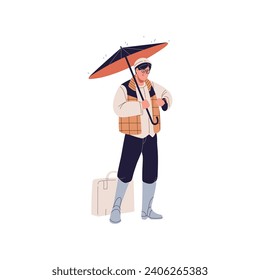 Un tipo elegante con paraguas se acaba por el clima lluvioso. Hombre impactado bajo la sombrilla revisando el tiempo, mirando el reloj de pulsera. Una persona ocupada afuera bajo la lluvia. Ilustración vectorial aislada plana en blanco