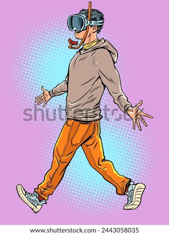 A stylish guy walks in clothes and with scuba gear. A fun tropical vacation. An original gift for your significant other. Pop Art Retro Vector Illustration Kitsch Vintage 50s 60s Style