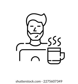 Stylish guy working or studying at laptop with hot coffee in a mug. Remote job. Pixel perfect, editable stroke line icon