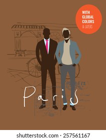 Stylish guys in a Paris street. Vector illustration Eps10 file. Global colors & layers.