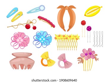Stylish hair accessories flat illustration set. Cartoon different head bands, plastic clips and hoops with flowers isolated vector illustration collection. Fashion and hairstyle concept