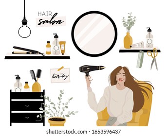 Stylish Hair salon interior. Hair cut room design. Vector illustration with girl for shop, store, beauty corner, banner.