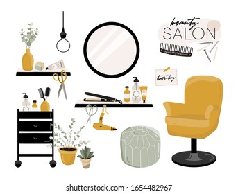 Stylish Hair salon interior. Hair cut room design. Vector illustration for shop, store, beauty corner.