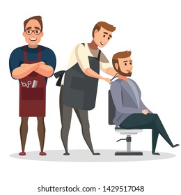 Stylish hairdresser cutting hair of client at barber shop. Beard man getting haircut at salon. UI illustration of a bearded male hipster. Barber tying cape around customer.