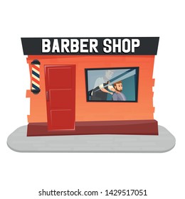 Stylish hairdresser cutting hair of client at barber shop. Beard man getting haircut at salon. UI illustration of a bearded male hipster. Barber tying cape around customer. 