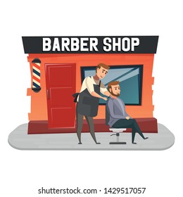 Stylish hairdresser cutting hair of client at barber shop. Beard man getting haircut at salon. UI illustration of a bearded male hipster. Barber tying cape around customer.