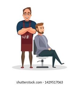 Stylish hairdresser cutting hair of client at barber shop. Beard man getting haircut at salon. UI illustration of a bearded male hipster.