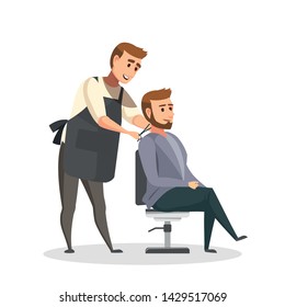 Stylish hairdresser cutting hair of client at barber shop. Beard man getting haircut at salon. UI illustration of a bearded male hipster.