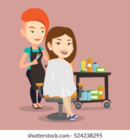 Stylish hairdresser cutting hair of young woman in beauty saloon. Professional hairdresser making haircut to a client with scissors in beauty saloon. Vector flat design illustration. Square layout.