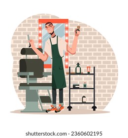 Stylish hairdresser holding razor and brush for shaving and waiting for client. Professional make fashionable modern hairstyles. Flat vector illustration in red and brown colors