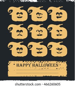 Stylish halloween card with orange doodle pumpkin and place for your text isolated on black background. Vector template.