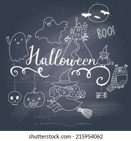 Stylish Halloween card in vector. Cute cartoon characters - owl, witch, ghost, birds, bats 