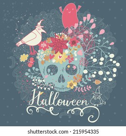 Stylish Halloween card in vector. Cute holiday composition with scull, bird, ghost and flowers in vintage style