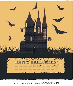 Stylish halloween card with witch castle, flying bats and cat isolated on orange background can be used for greeting cards and more creative designs.