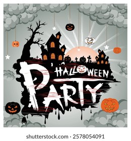 A stylish Halloween party featuring a haunted house, pumpkin jack-o-lanterns and a spooky twilight atmosphere, perfect for invitations, flyers or seasonal promotions. Flat vector modern illustration 