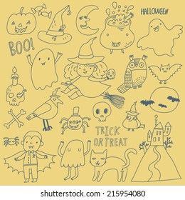 Stylish Halloween set in vector. A lot of scary holiday symbols in cute cartoon style 