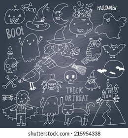 Stylish Halloween set in vector. A lot of scary holiday symbols in cute cartoon style on a texture