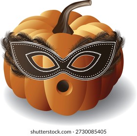 A stylish Halloween-themed vector illustration featuring a pumpkin wearing an elegant masquerade mask with decorative beads and feathers, perfect for festive designs, party invitations, and seasonal decorations.