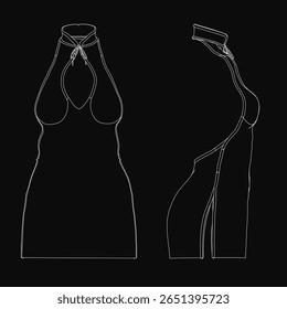 Um elegante vestido de pescoço halter com um corpete ajustado e saia florida destaca-se contra um fundo preto. O desenho da linha apresenta um manequim vestindo o design elegante de pescoço alto com braços.