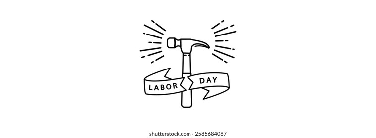 Stylish hammer symbol of hard work or mountaineering, banner happy labor day.