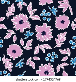 Elegante trazo de pintura de arte florido a mano de flor floreciente estilo sin fisuras en vectores EPS10 ,Diseño para moda, tela, papel pintado,envoltura ,textil y todas las impresiones en color de fondo azul marino