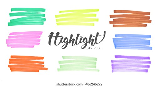 Stylish hand drawing highlight color stripes from marker pen or highlighter. Set of elements marker stroke for your creative design project. Vector illustration.