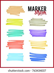 Stylish hand drawing highlight color stripes from marker pen or highlighter. Set of elements marker stroke for your creative design project. Vector illustration. 