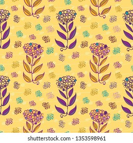 Stylish hand drawn abstract flowers with paint daubs and subtle doodle lines. Seamless vector repeat pattern on yellow background. Great for spa,organic, garden products, home decor, giftwrap