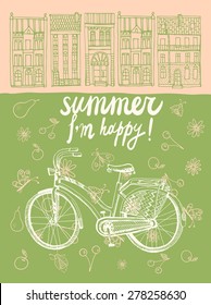 Stylish hand drawn city bike on city background. For summer season.