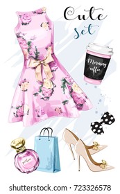 Stylish hand drawn clothing and accessories set with dress, shoes, shopping bag, perfume, coffee cup and bow. Beautiful outfit. Dress with flower print. Sketch.