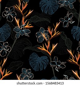 Stylish hand drawn dark tropical exotic line florals ,leaves  and orchid flowers seamless pattern vector ,Design for fashion,fabric,wallpaper,wrappign and all prints on black