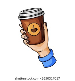 Stylish hand drawn doodle illustration depicting a hand holding a disposable coffee cup with a lid, featuring a coffee icon. Perfect for expressing concepts of takeaway coffee, morning routine, urban 