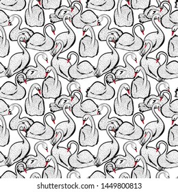 Stylish hand drawn doodle line sketch swan birds seamless pattern in vector , Design for fashion , fabric, web,wallpaper and all prints on white background color