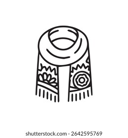A stylish hand drawn illustration of a scarf featuring a unique pattern with floral and fringe elements. Perfect for fashion design and textile concepts.