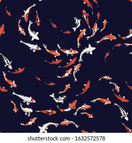 Stylish Hand drawn japanese koi fishes swimming seamless pattern vector EPS10 ,Design for fashion,fabric,web,wallaper,wrapping and all prints on dark navy blue background