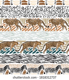 Stylish Hand drawn lind sketch Tiger and Leopard cheetah with animal skin stripe print seamless pattern,Design for fashion , fabric, textile, wallpaper, cover, web, wrapping on white