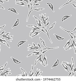 Stylish Hand drawn line sketch Botanical foliage,Leaves seamless pattern vector ,Design for fashion , fabric, textile, wallpaper, cover, web , wrapping and all prints on light grey
