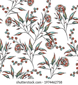 Stylish Hand drawn line sketch Botanical floral and flwers seamless pattern vector ,Design for fashion , fabric, textile, wallpaper, cover, web , wrapping and all prints on white

