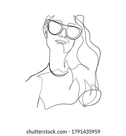 Elegante mujer de línea continua dibujada a mano con gafas de sol. Niña de tipografía de moda de estilo minimalista. Señal de belleza. Atractivo modelo de moda. Moda de verano.