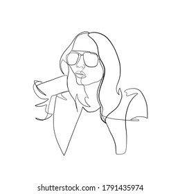 Elegante mujer de línea continua dibujada a mano con gafas de sol. Niña de tipografía de moda de estilo minimalista. Señal de belleza. Atractivo modelo de moda. Moda de verano.